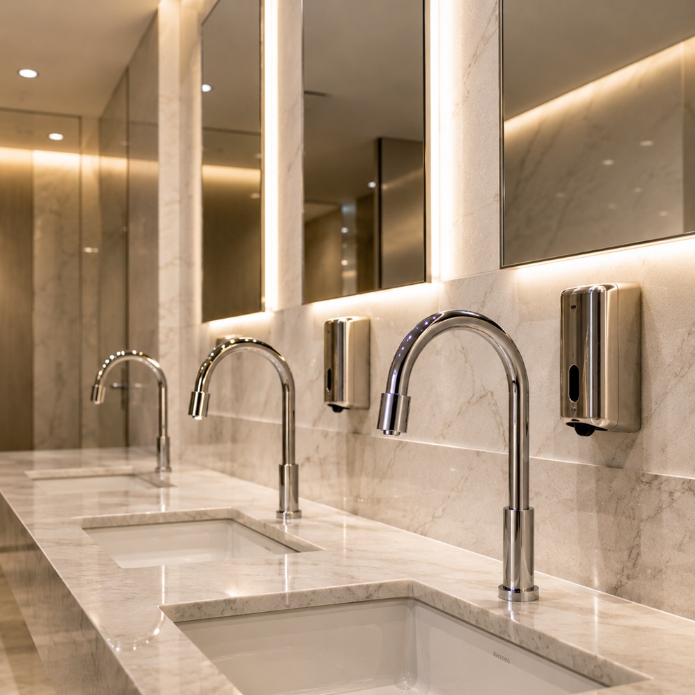 Hospital restroom faucets with touchless healthcare technology
